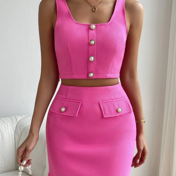 Pink Coord Set Cropped button top & Mini Skirt - Picture 4 of 4